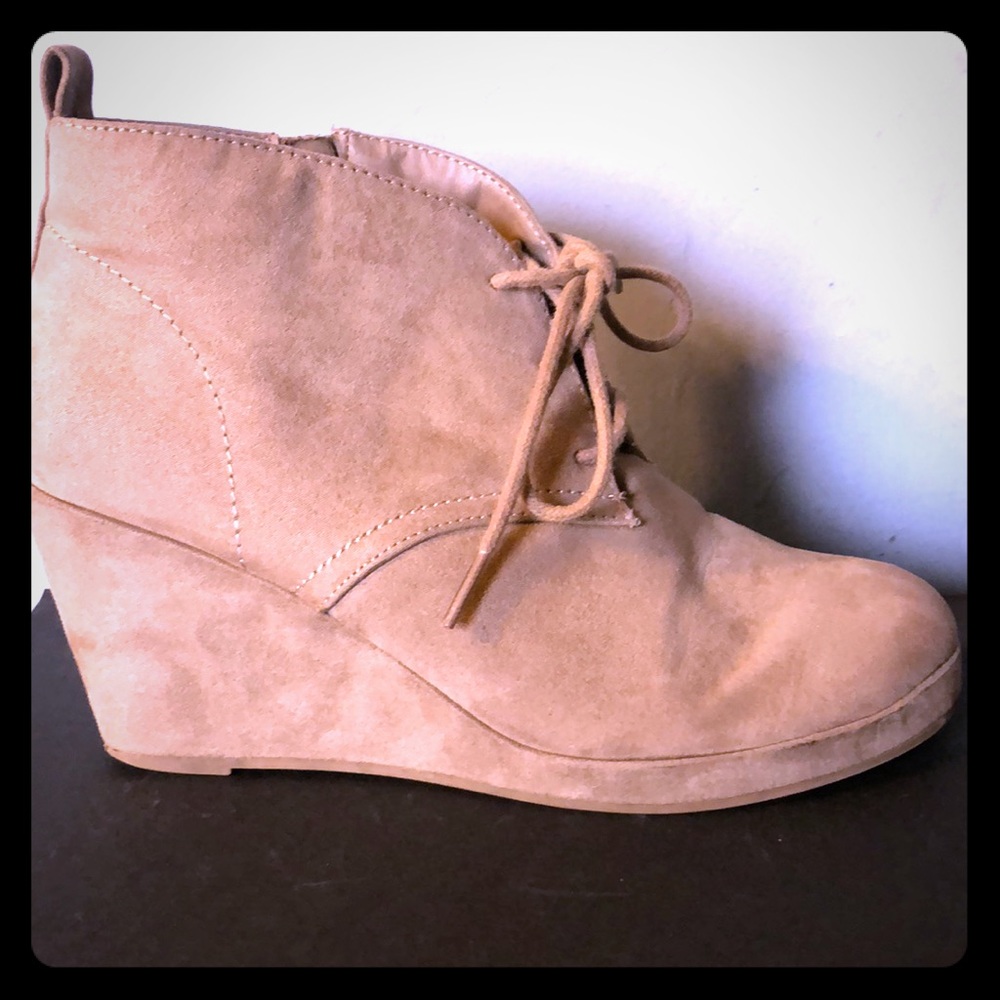 Tan suede platform wedge booties